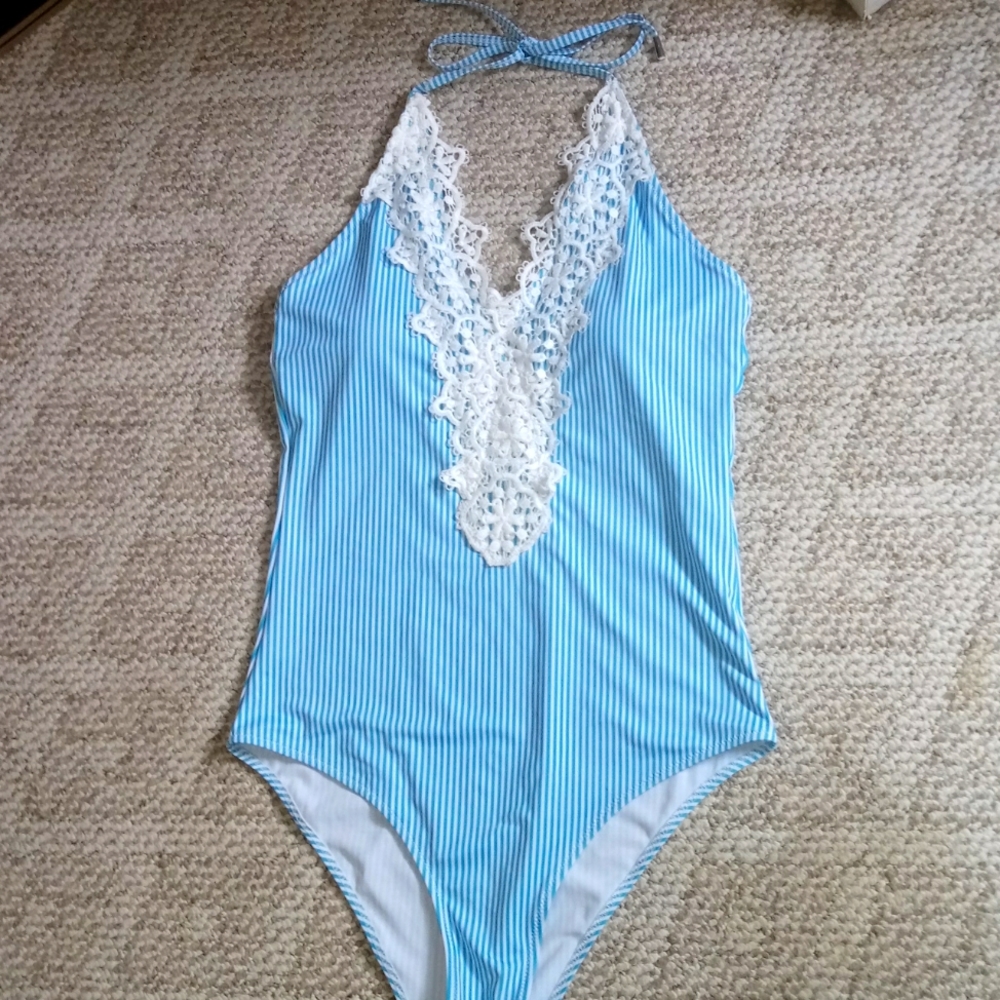 XL Blue/White Striped One-Piece Bathing Suit